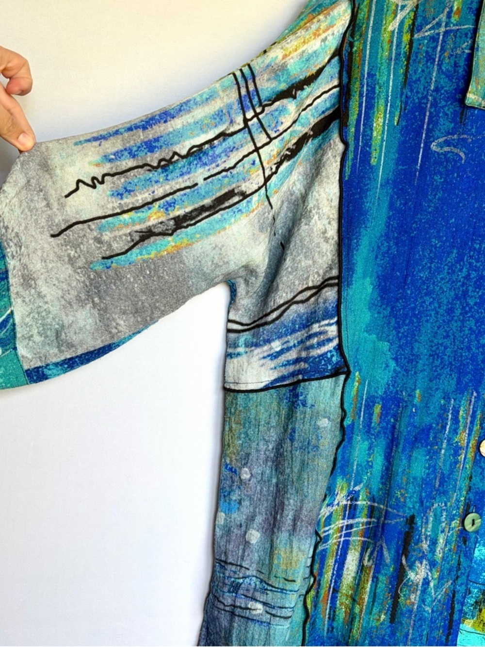 John Mark Abstract Top Sz PXL Patch Print Wire Collar Long Sleeve Button Tunic - Picture 6 of 16